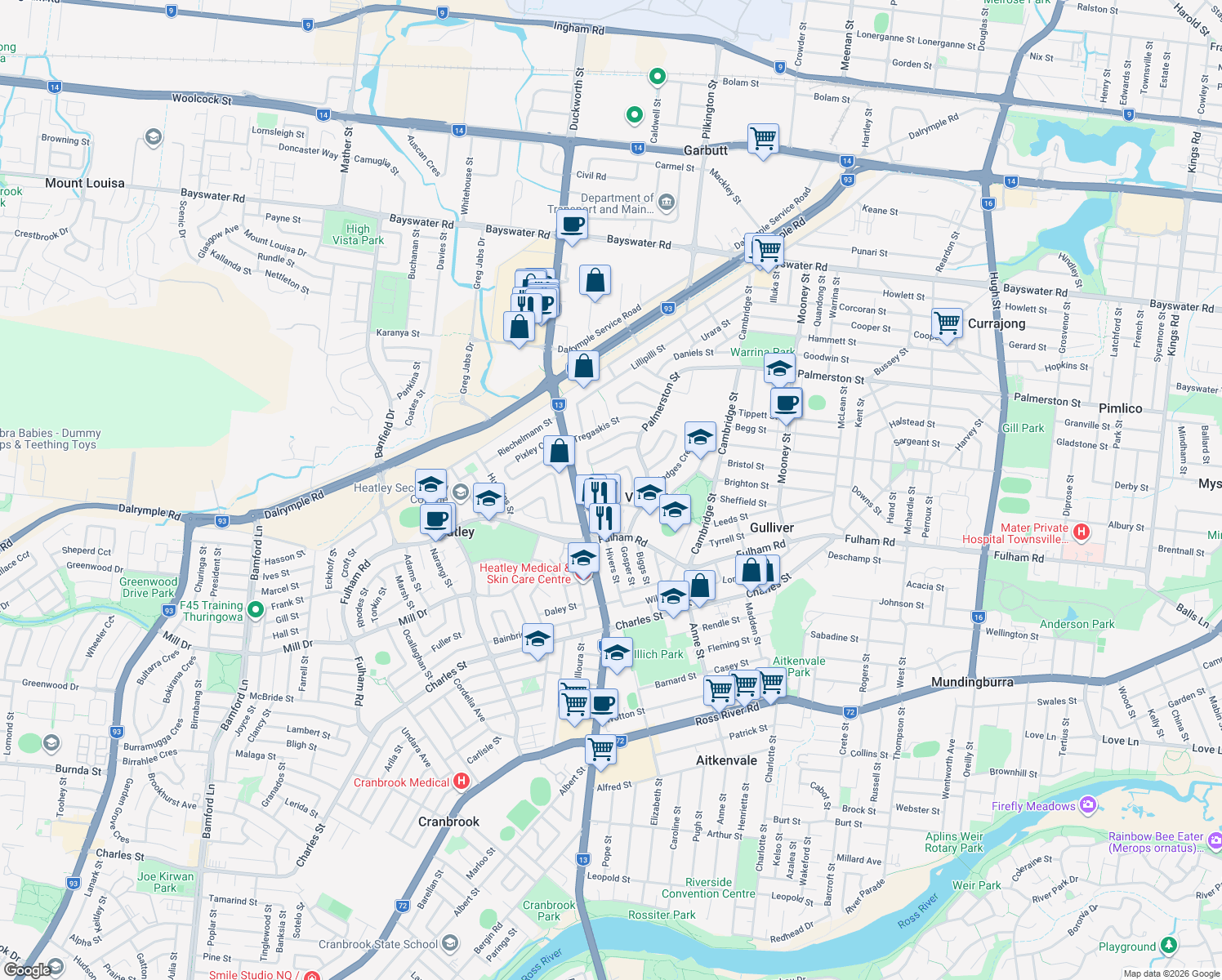 map of restaurants, bars, coffee shops, grocery stores, and more near 45 Cuthbert Crescent in Vincent