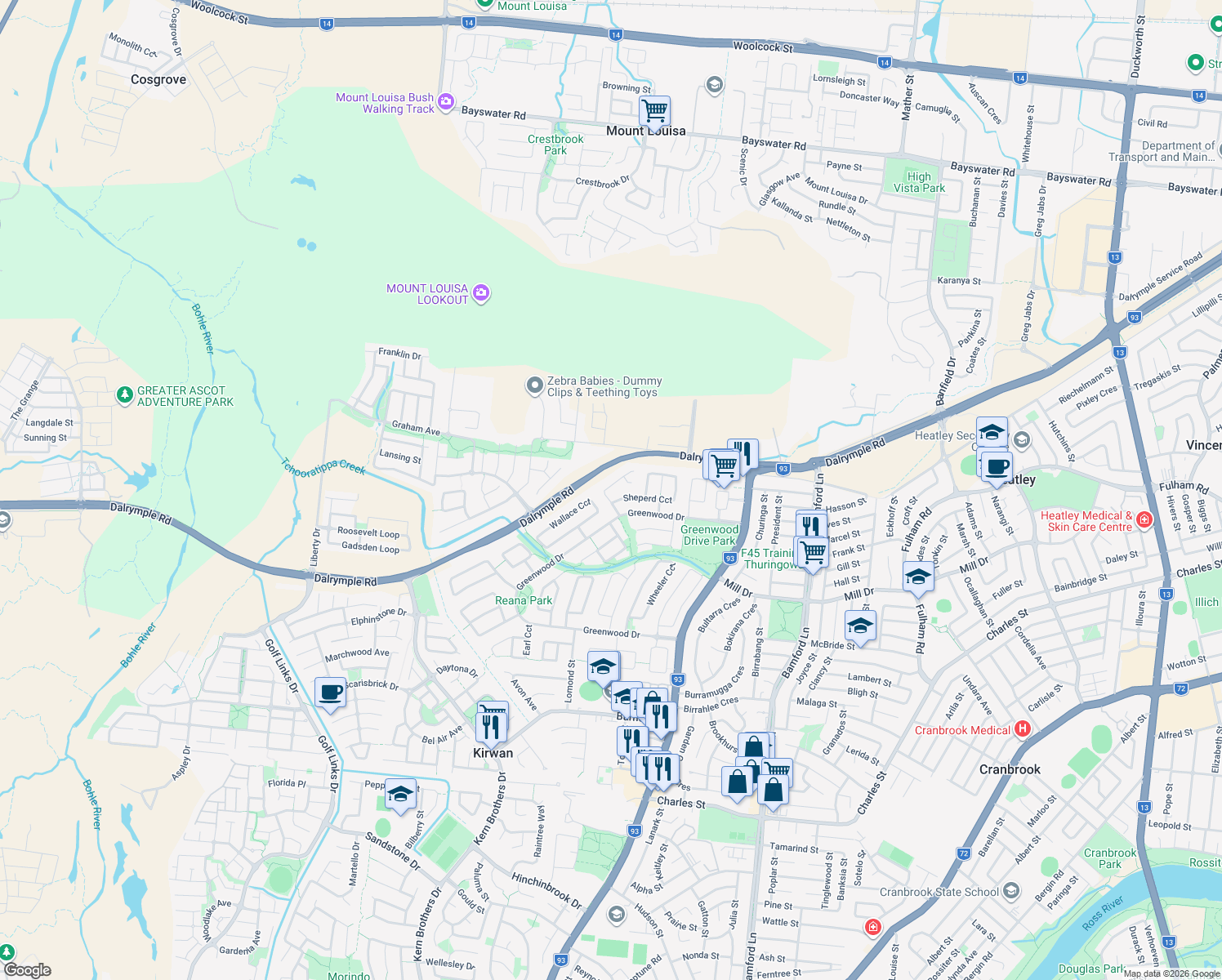 map of restaurants, bars, coffee shops, grocery stores, and more near 10 Dickenson Place in Kirwan