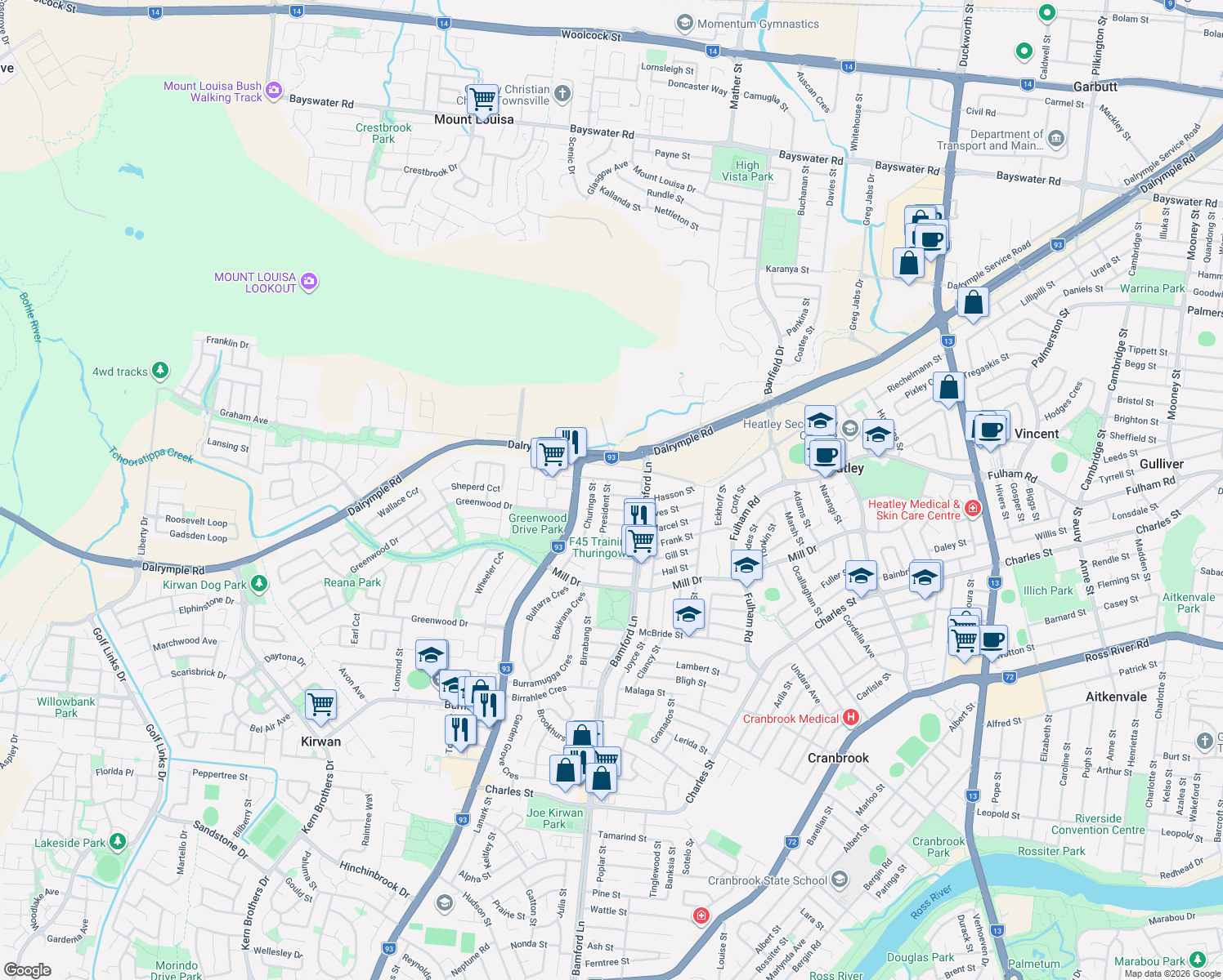 map of restaurants, bars, coffee shops, grocery stores, and more near 39 Hasson Street in Kirwan