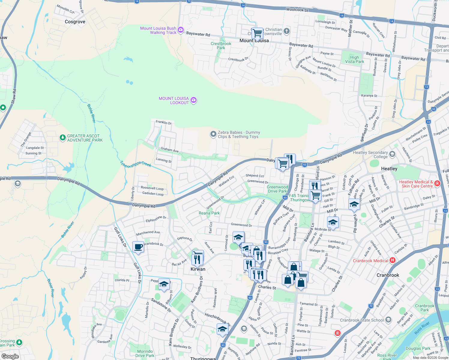 map of restaurants, bars, coffee shops, grocery stores, and more near 47 Wallace Circuit in Kirwan