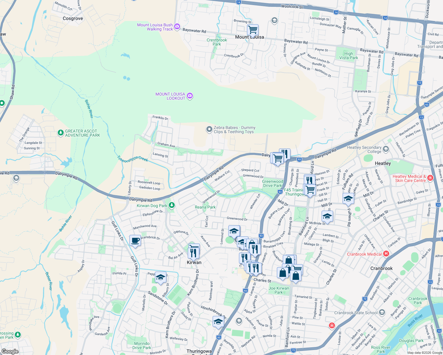 map of restaurants, bars, coffee shops, grocery stores, and more near 40 Wallace Circuit in Kirwan