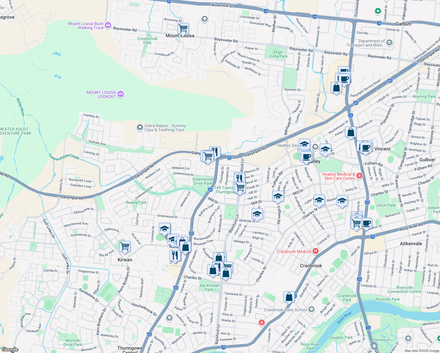 map of restaurants, bars, coffee shops, grocery stores, and more near 35 Churinga Street in Kirwan