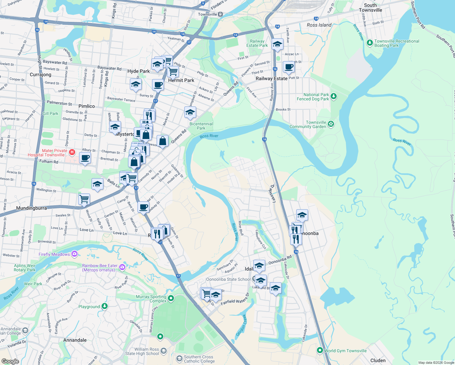 map of restaurants, bars, coffee shops, grocery stores, and more near 13 Mainwaring Way in Oonoonba