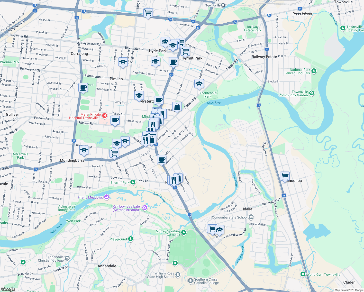 map of restaurants, bars, coffee shops, grocery stores, and more near 25 Lindsay Street in Rosslea