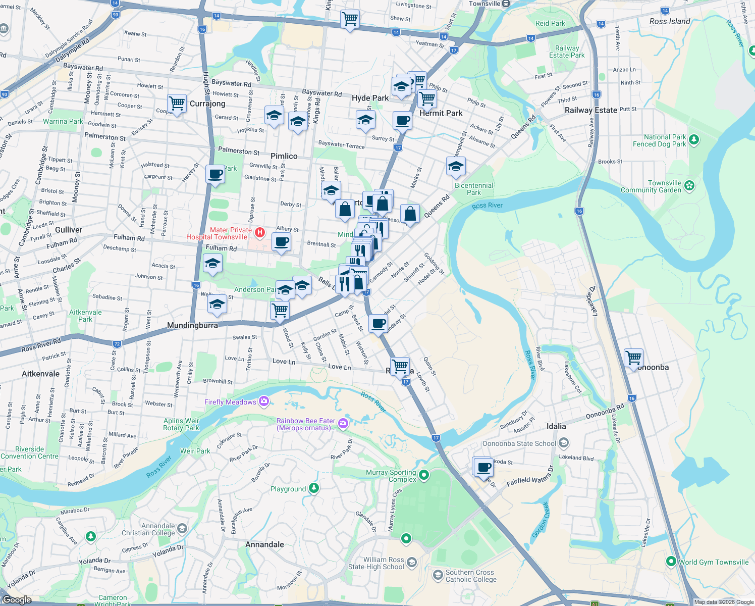 map of restaurants, bars, coffee shops, grocery stores, and more near 6-14 Sherriff Street in Hermit Park