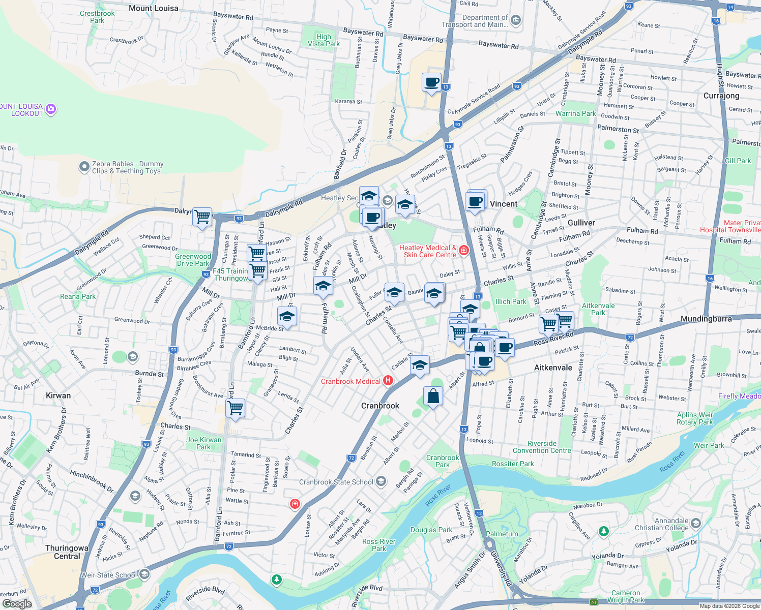 map of restaurants, bars, coffee shops, grocery stores, and more near 70 Bainbridge Street in Heatley