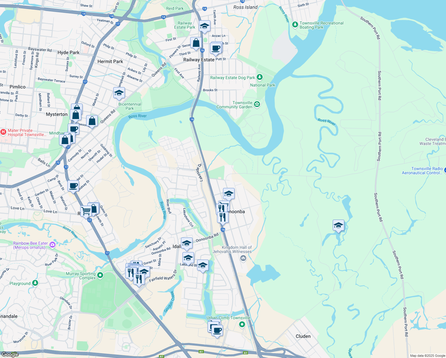 map of restaurants, bars, coffee shops, grocery stores, and more near in Oonoonba