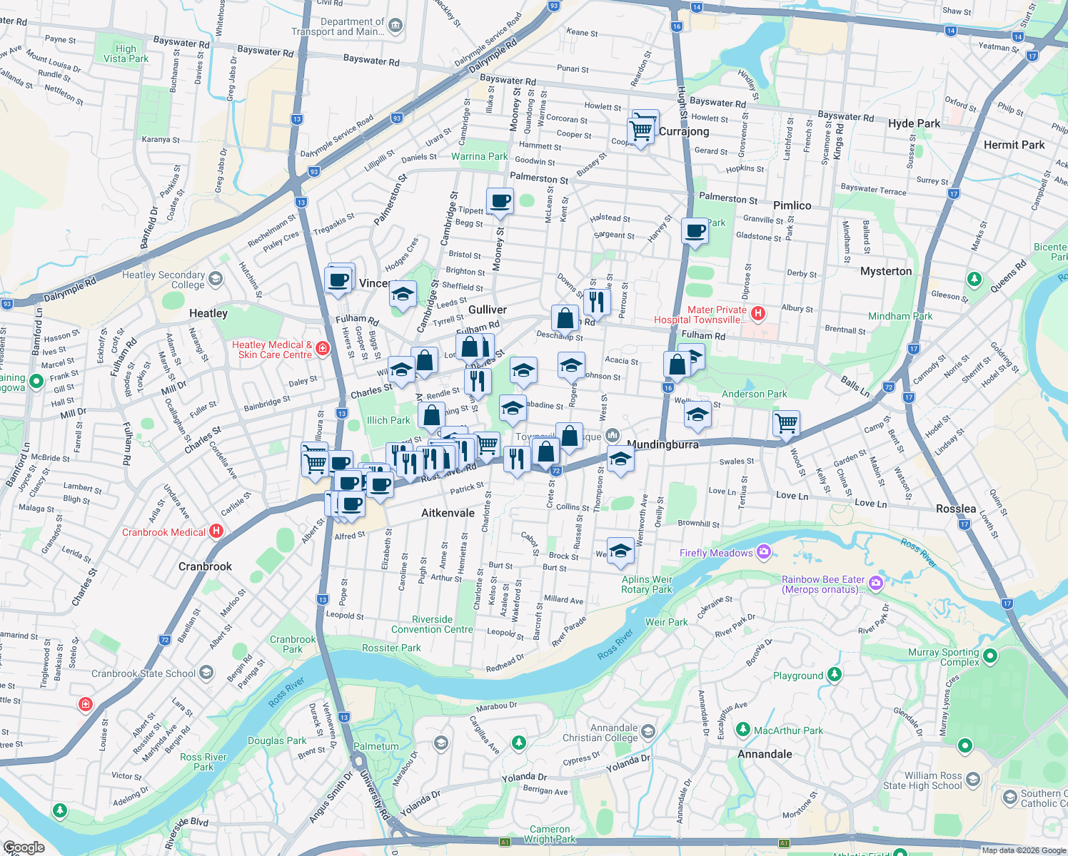 map of restaurants, bars, coffee shops, grocery stores, and more near 36 Wareham Street in Aitkenvale