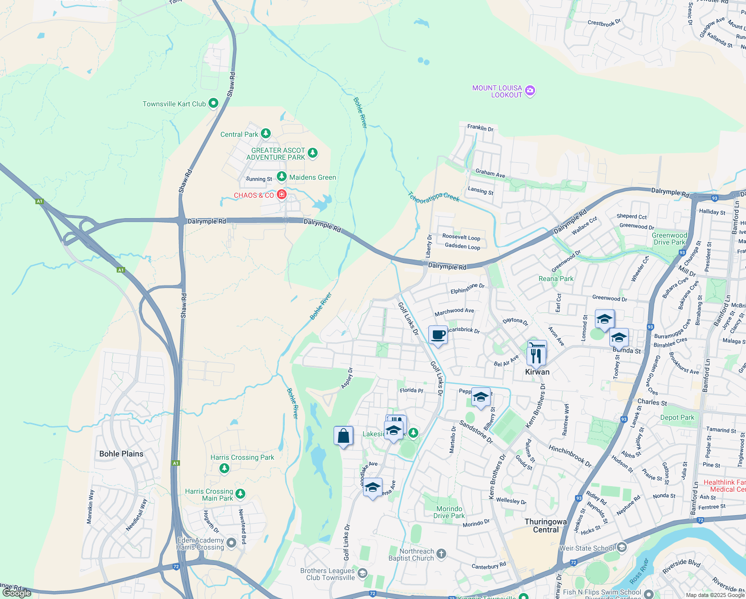 map of restaurants, bars, coffee shops, grocery stores, and more near Willowbank Drive in Kirwan