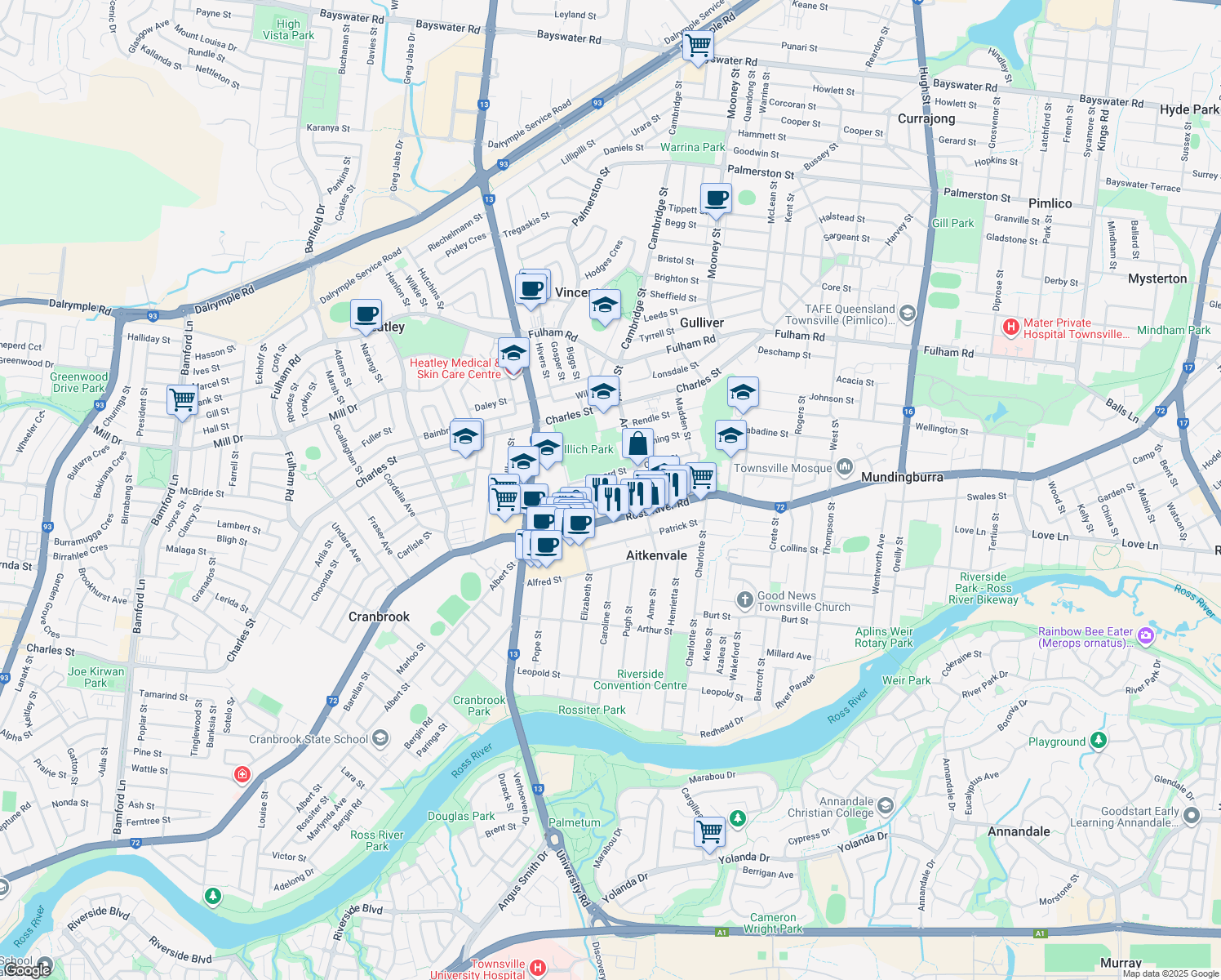 map of restaurants, bars, coffee shops, grocery stores, and more near 45 Wotton Street in Aitkenvale
