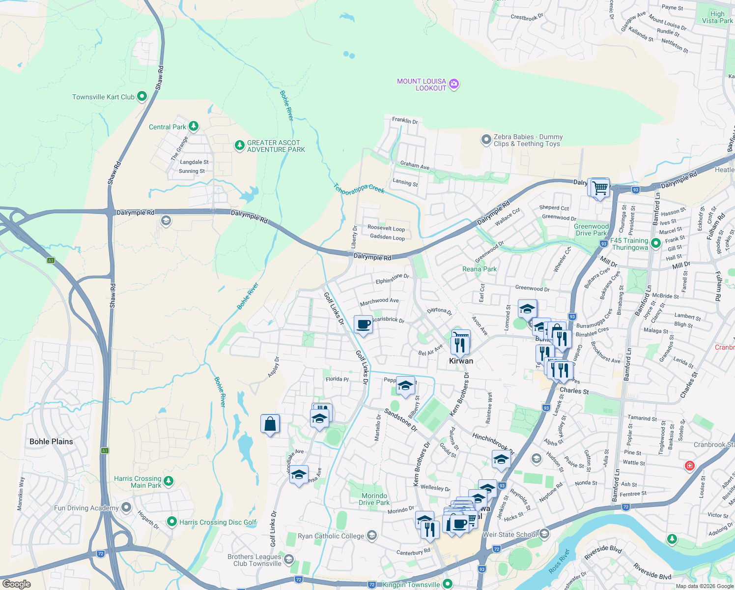 map of restaurants, bars, coffee shops, grocery stores, and more near 23 Chaimberlane Place in Kirwan