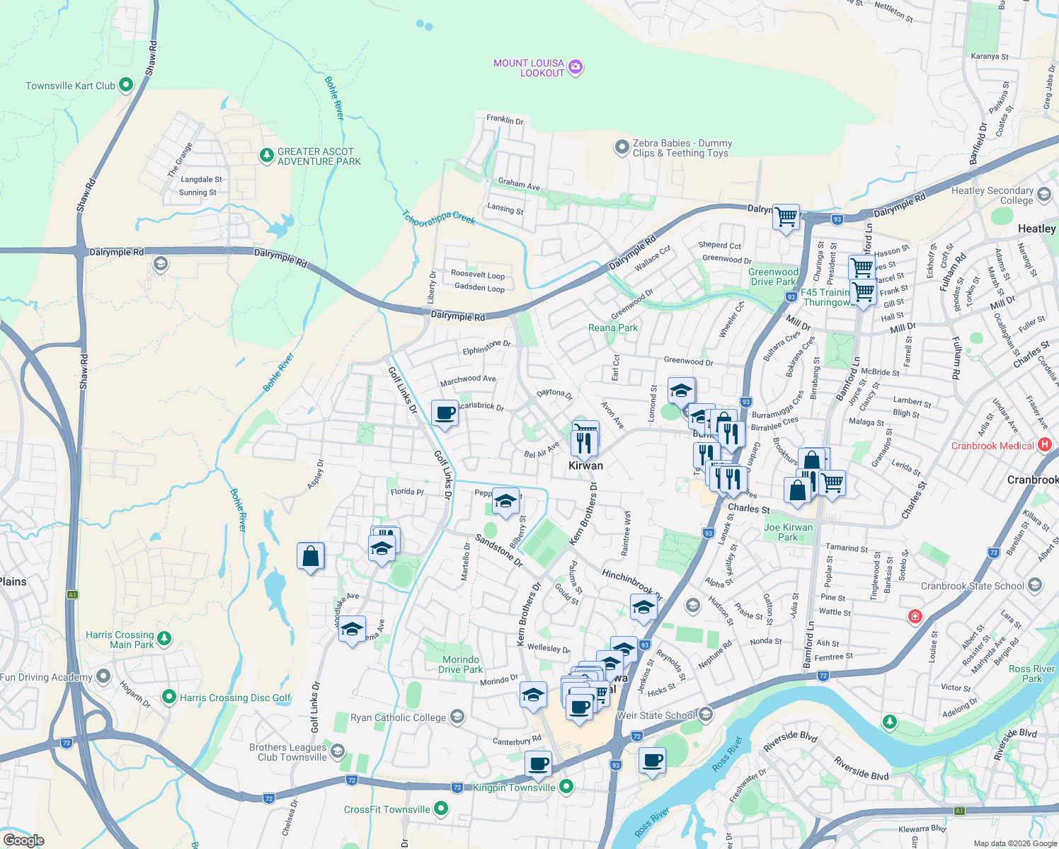 map of restaurants, bars, coffee shops, grocery stores, and more near 20 Burbank Way in Kirwan