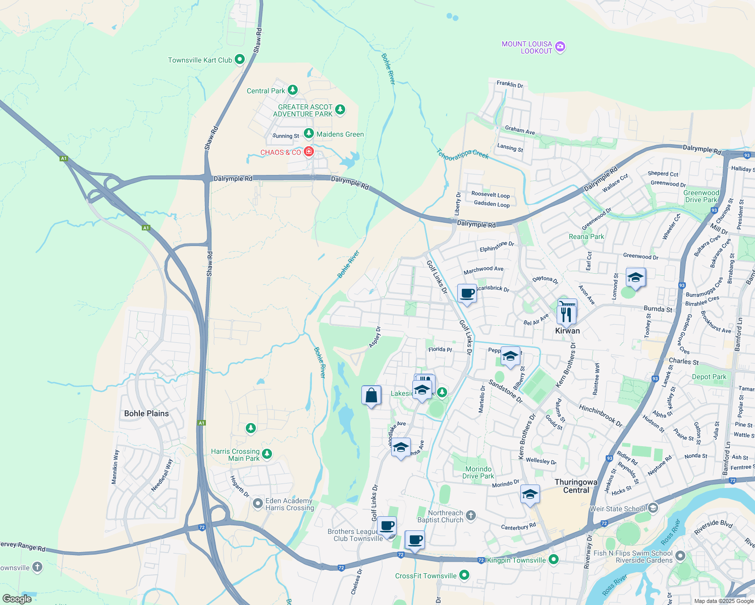 map of restaurants, bars, coffee shops, grocery stores, and more near 2 Aspley Drive in Kirwan