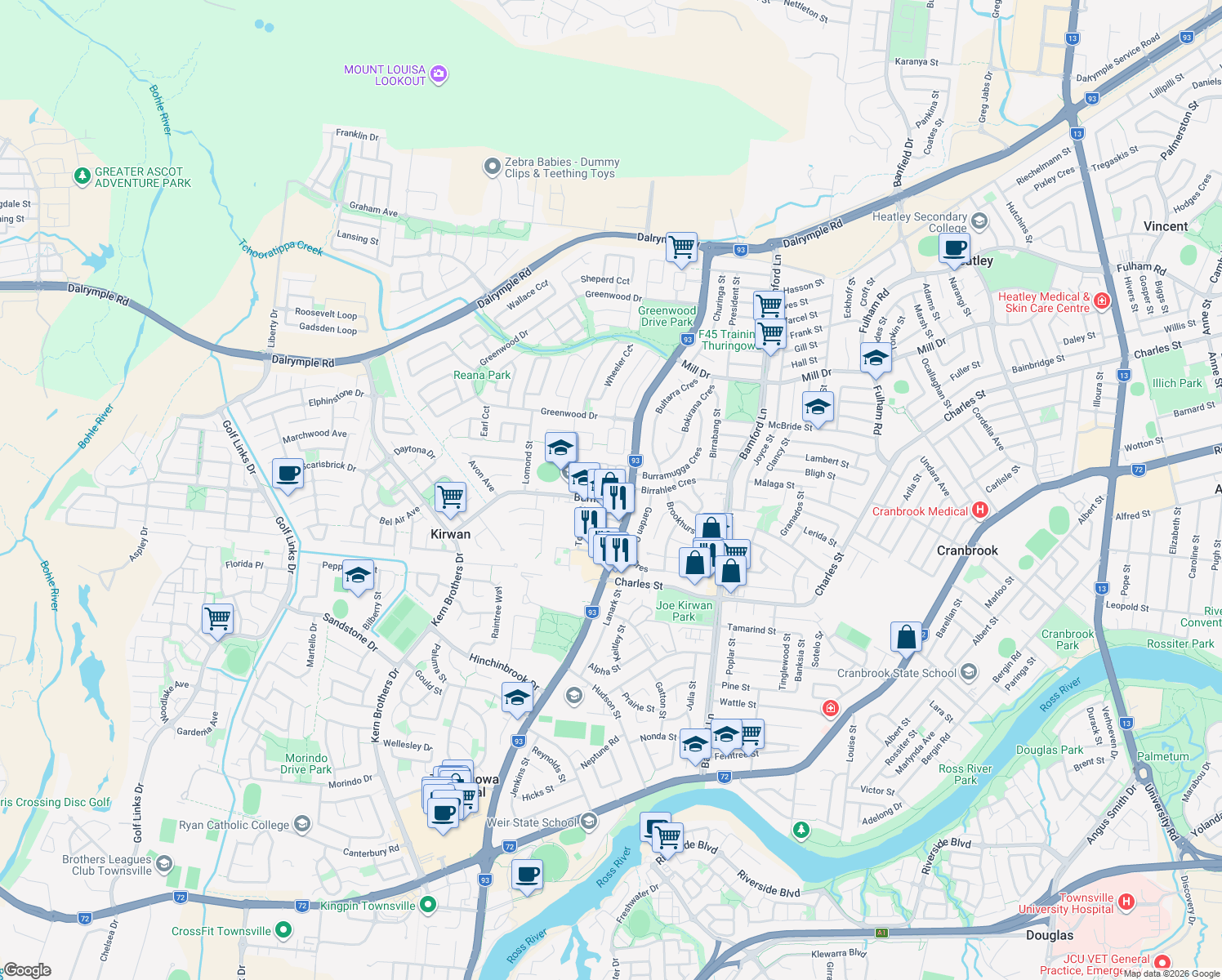 map of restaurants, bars, coffee shops, grocery stores, and more near 1 Burnda Street in Kirwan