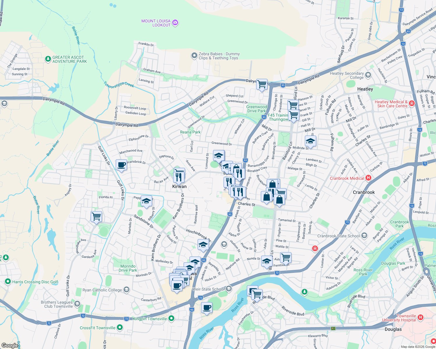 map of restaurants, bars, coffee shops, grocery stores, and more near 36 Burnda Street in Kirwan