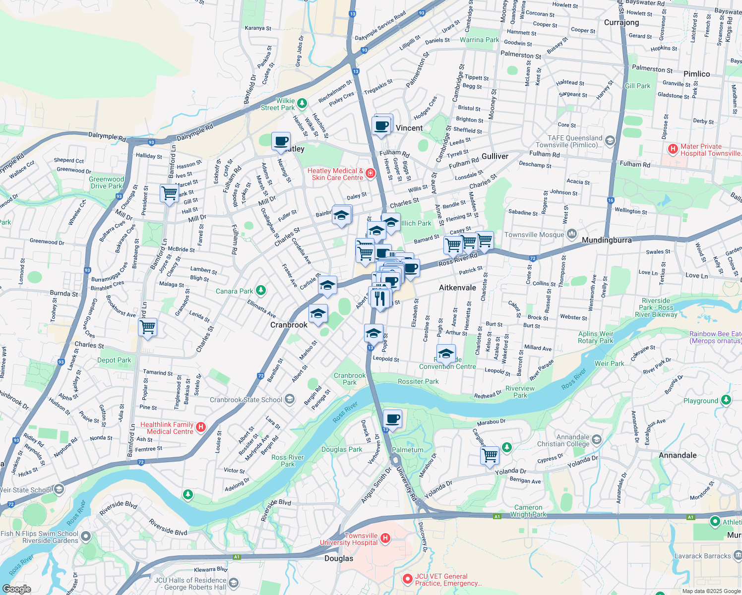 map of restaurants, bars, coffee shops, grocery stores, and more near 151 Nathan Street in Cranbrook