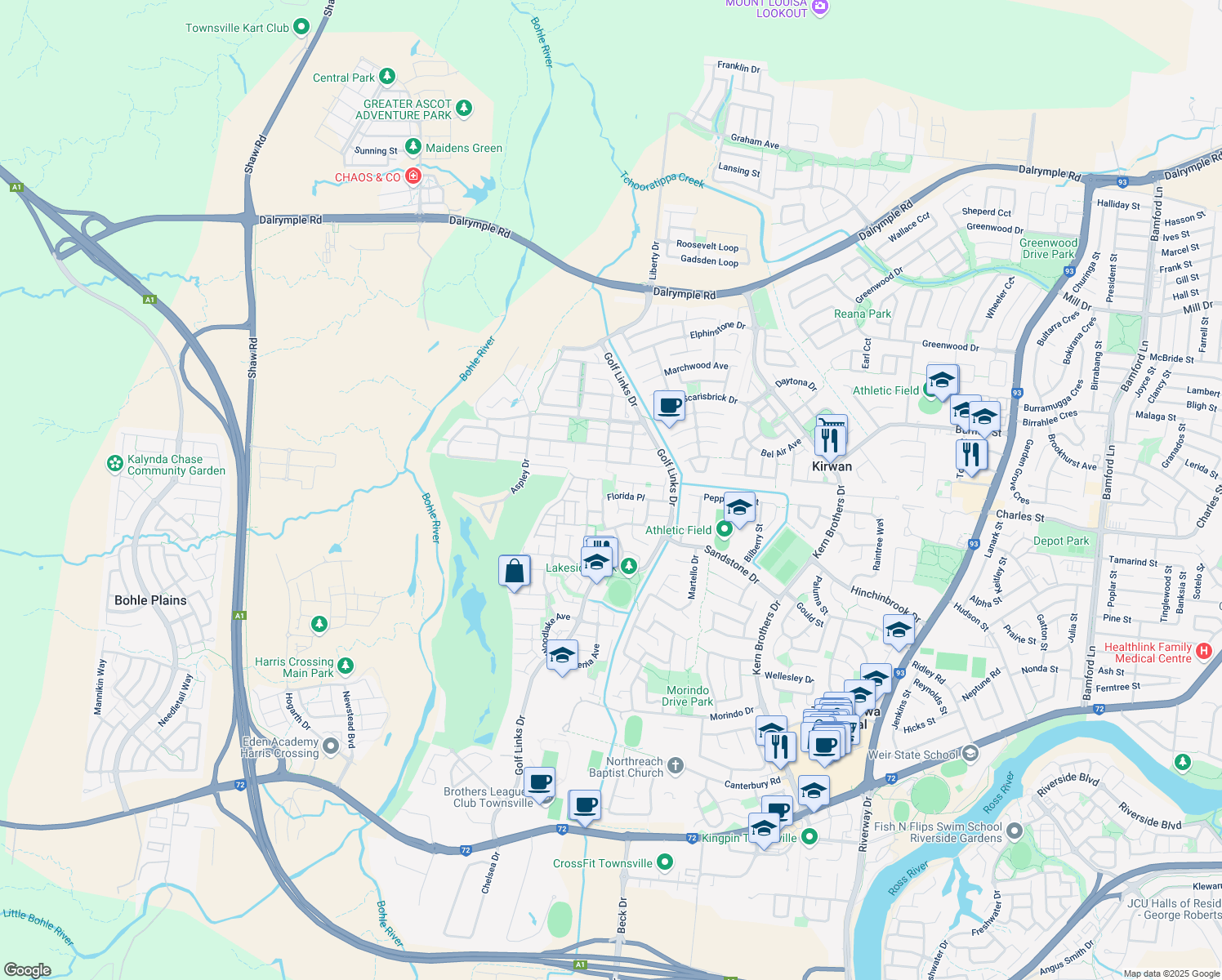 map of restaurants, bars, coffee shops, grocery stores, and more near 10 Jayella Close in Kirwan