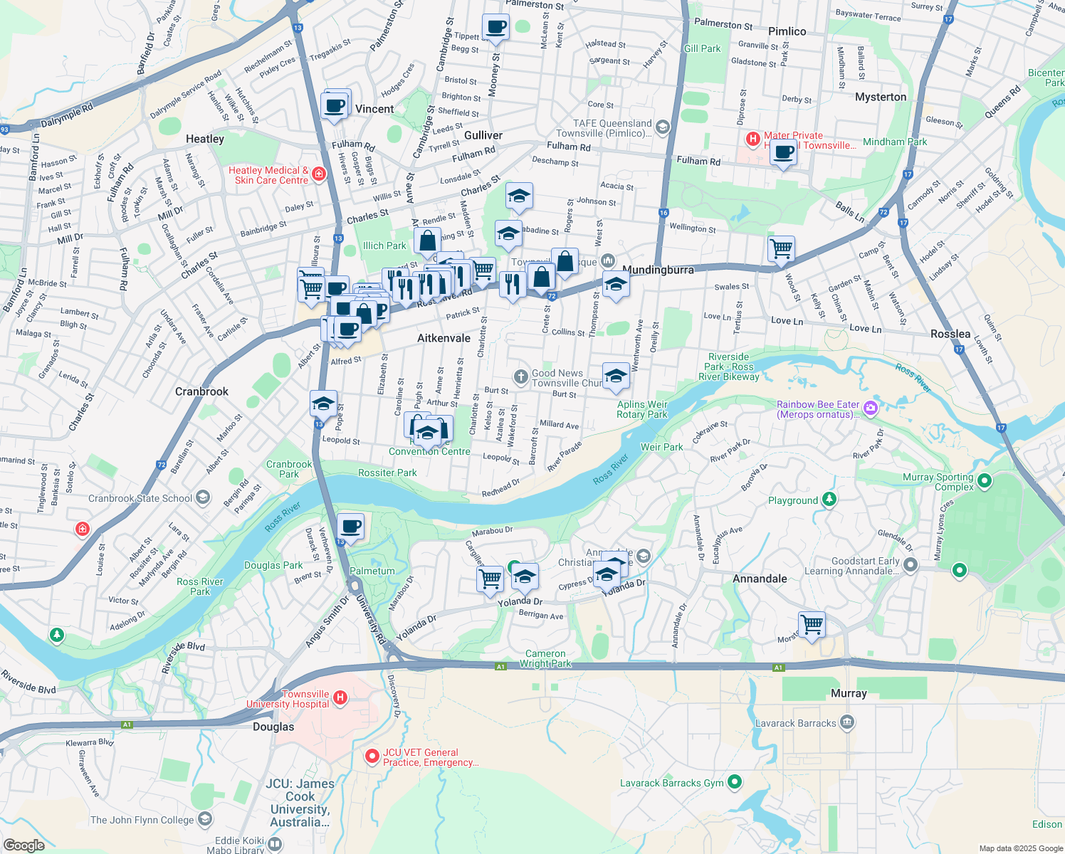 map of restaurants, bars, coffee shops, grocery stores, and more near 17 Barcroft Street in Aitkenvale