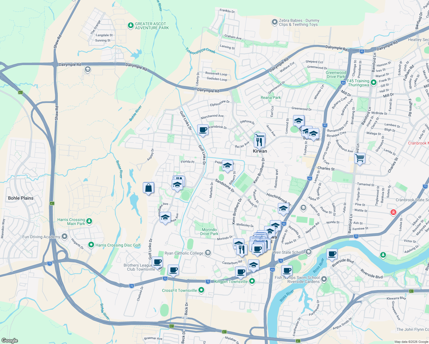 map of restaurants, bars, coffee shops, grocery stores, and more near 15 Spruce Street in Kirwan