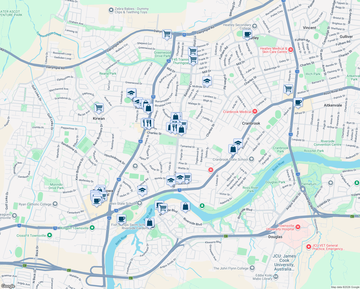 map of restaurants, bars, coffee shops, grocery stores, and more near 3 Tamarind Street in Kirwan
