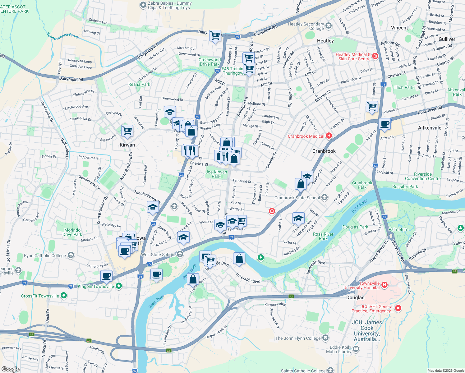map of restaurants, bars, coffee shops, grocery stores, and more near 21 Poplar Street in Kirwan