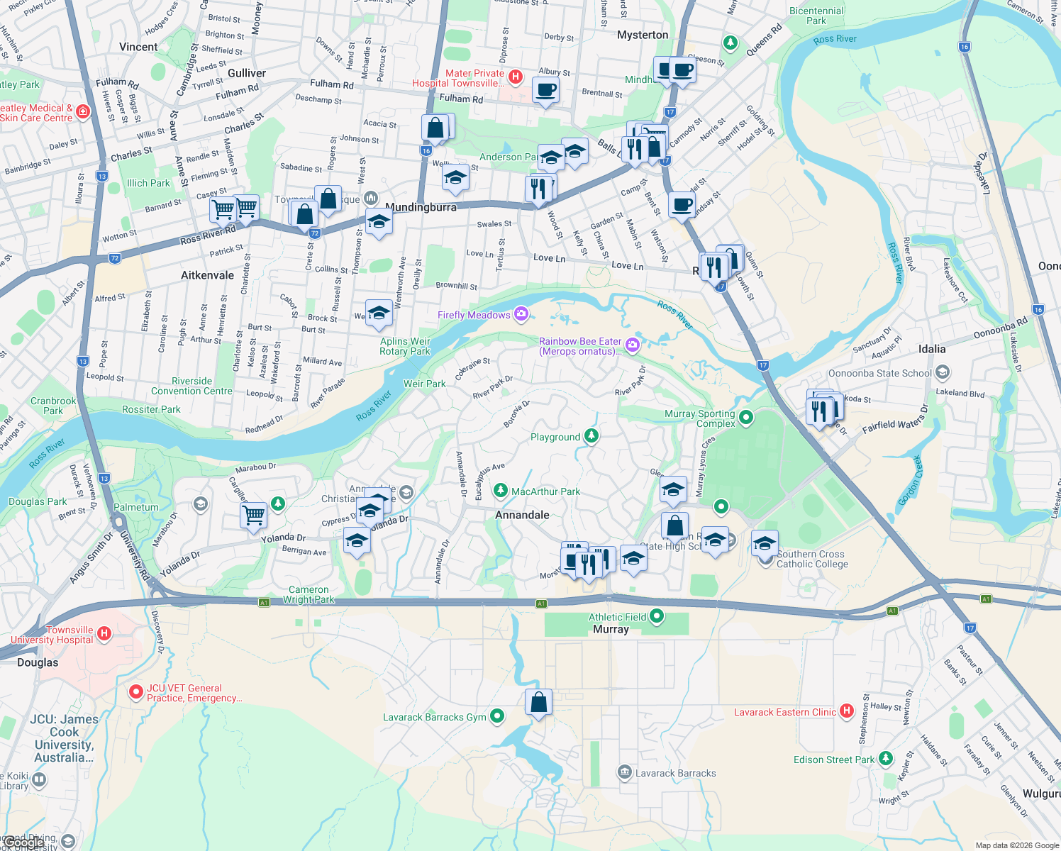 map of restaurants, bars, coffee shops, grocery stores, and more near 52 Eucalyptus Avenue in Annandale
