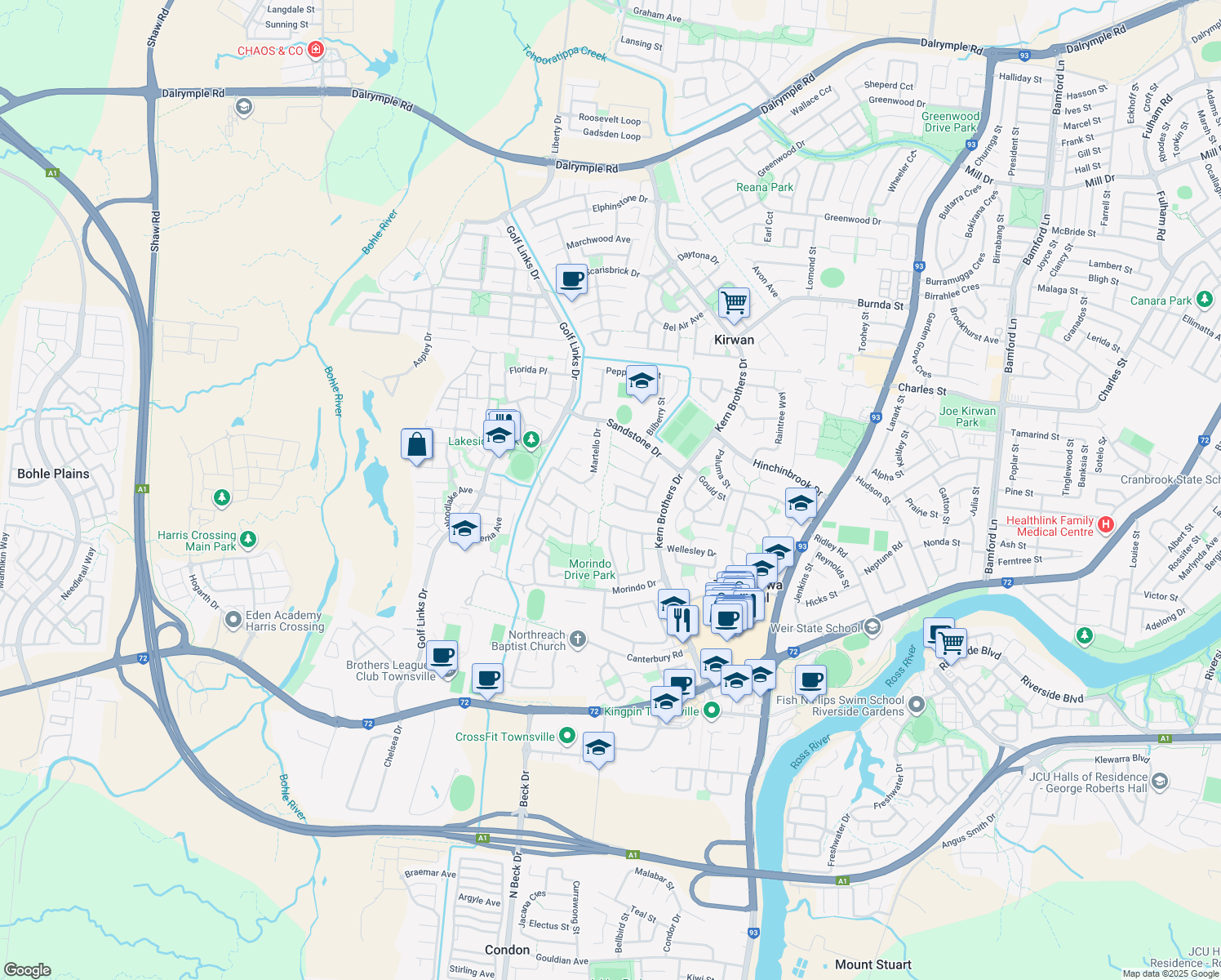 map of restaurants, bars, coffee shops, grocery stores, and more near 31 Redwood Avenue in Kirwan