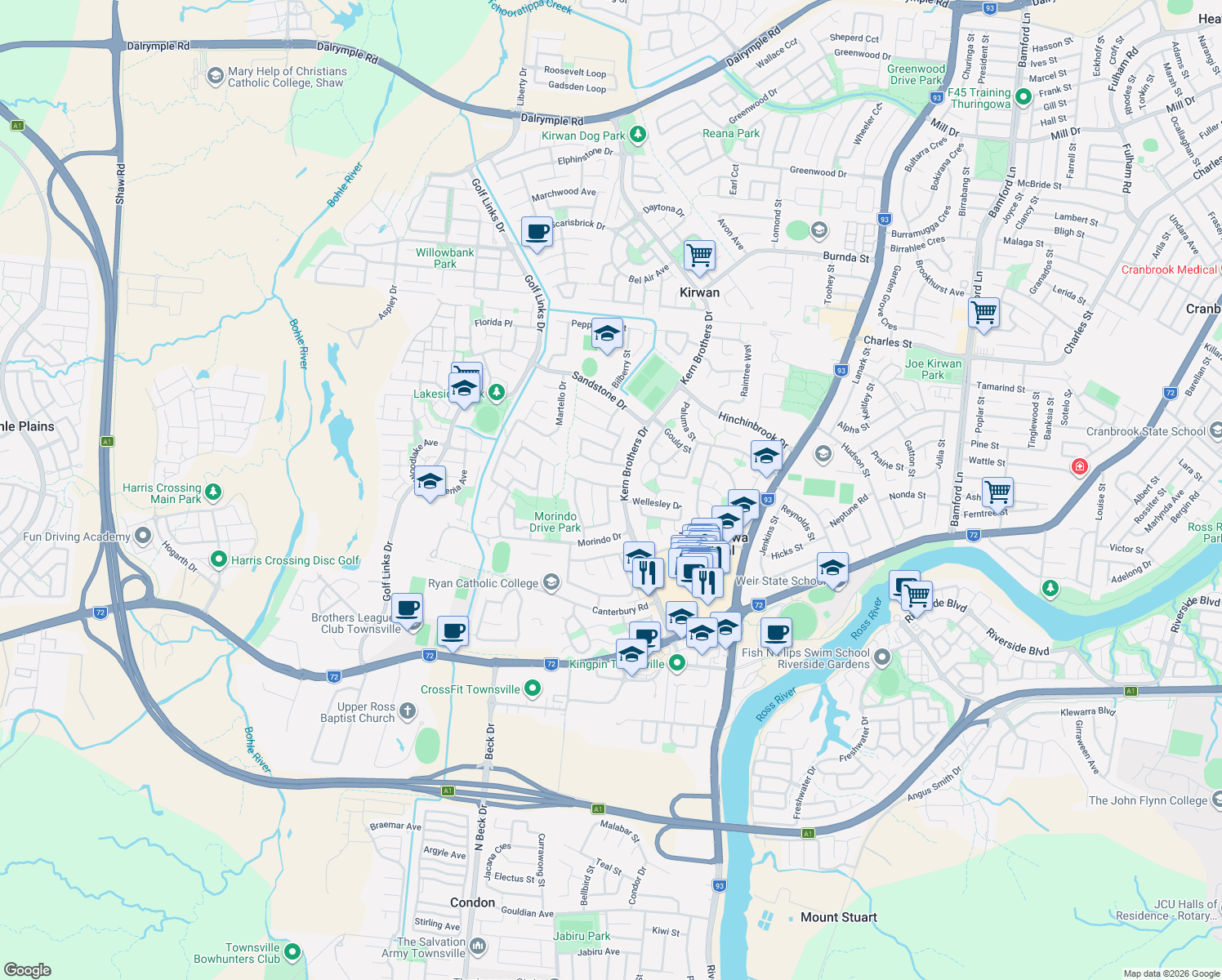 map of restaurants, bars, coffee shops, grocery stores, and more near 42 Warland Street in Kirwan