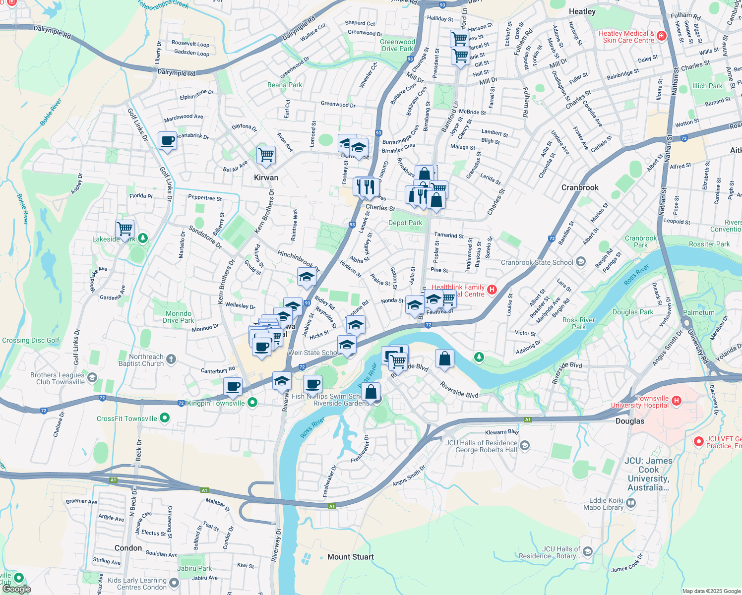 map of restaurants, bars, coffee shops, grocery stores, and more near Hudson St in Kirwan