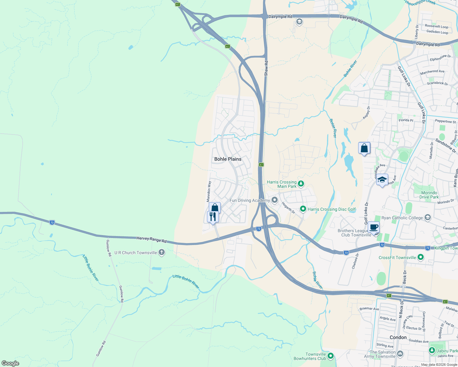 map of restaurants, bars, coffee shops, grocery stores, and more near 74 Mannikin Way in Bohle Plains