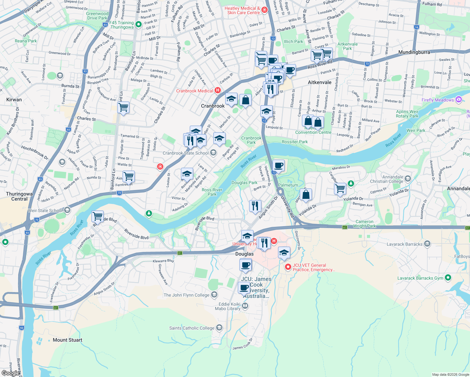 map of restaurants, bars, coffee shops, grocery stores, and more near 2 New England Court in Douglas