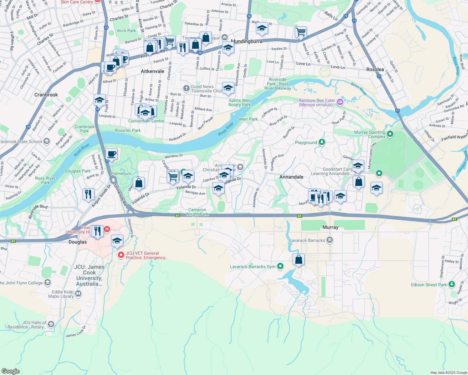 map of restaurants, bars, coffee shops, grocery stores, and more near 20 Honeysuckle Drive in Annandale