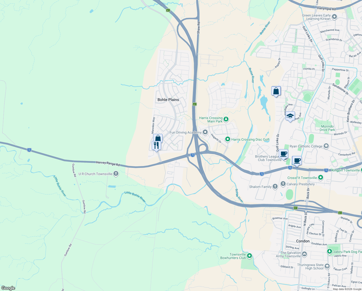 map of restaurants, bars, coffee shops, grocery stores, and more near 27 Sandplover Circuit in Bohle Plains