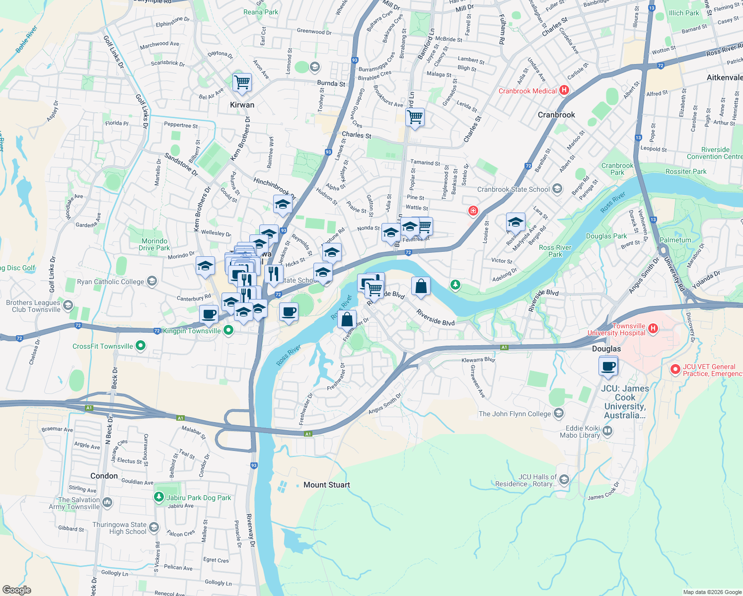map of restaurants, bars, coffee shops, grocery stores, and more near 231 Riverside Boulevard in Douglas