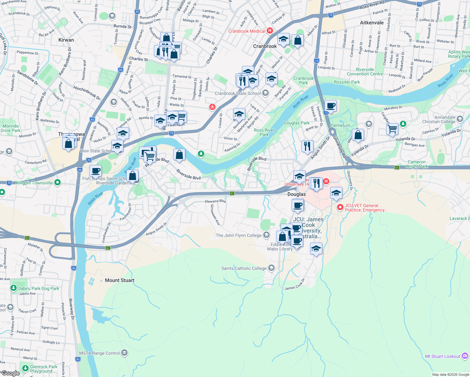 map of restaurants, bars, coffee shops, grocery stores, and more near 18 Barwin Court in Douglas