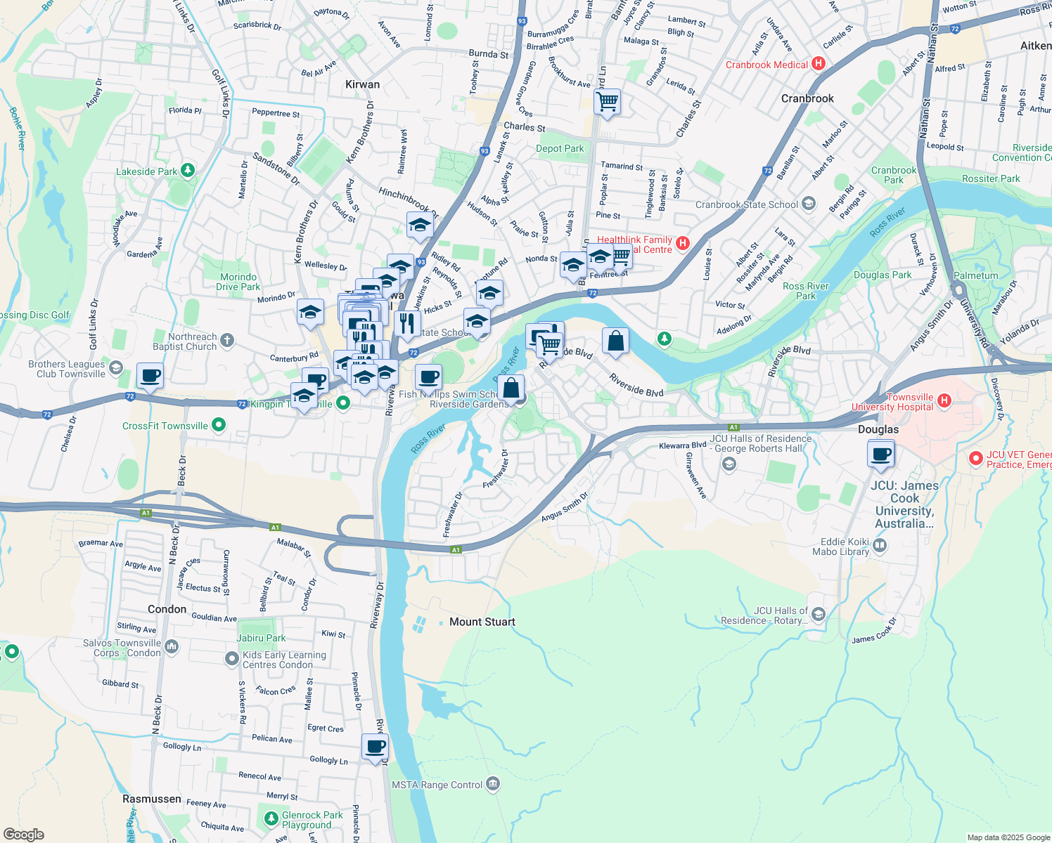 map of restaurants, bars, coffee shops, grocery stores, and more near 9 Fantail Court in Douglas