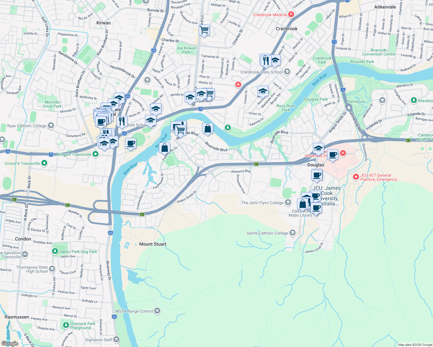 map of restaurants, bars, coffee shops, grocery stores, and more near 95 Klewarra Boulevard in Douglas