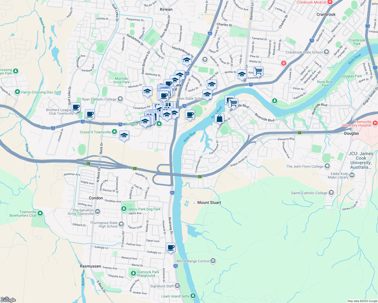 map of restaurants, bars, coffee shops, grocery stores, and more near 41 Sheerwater Parade in Douglas