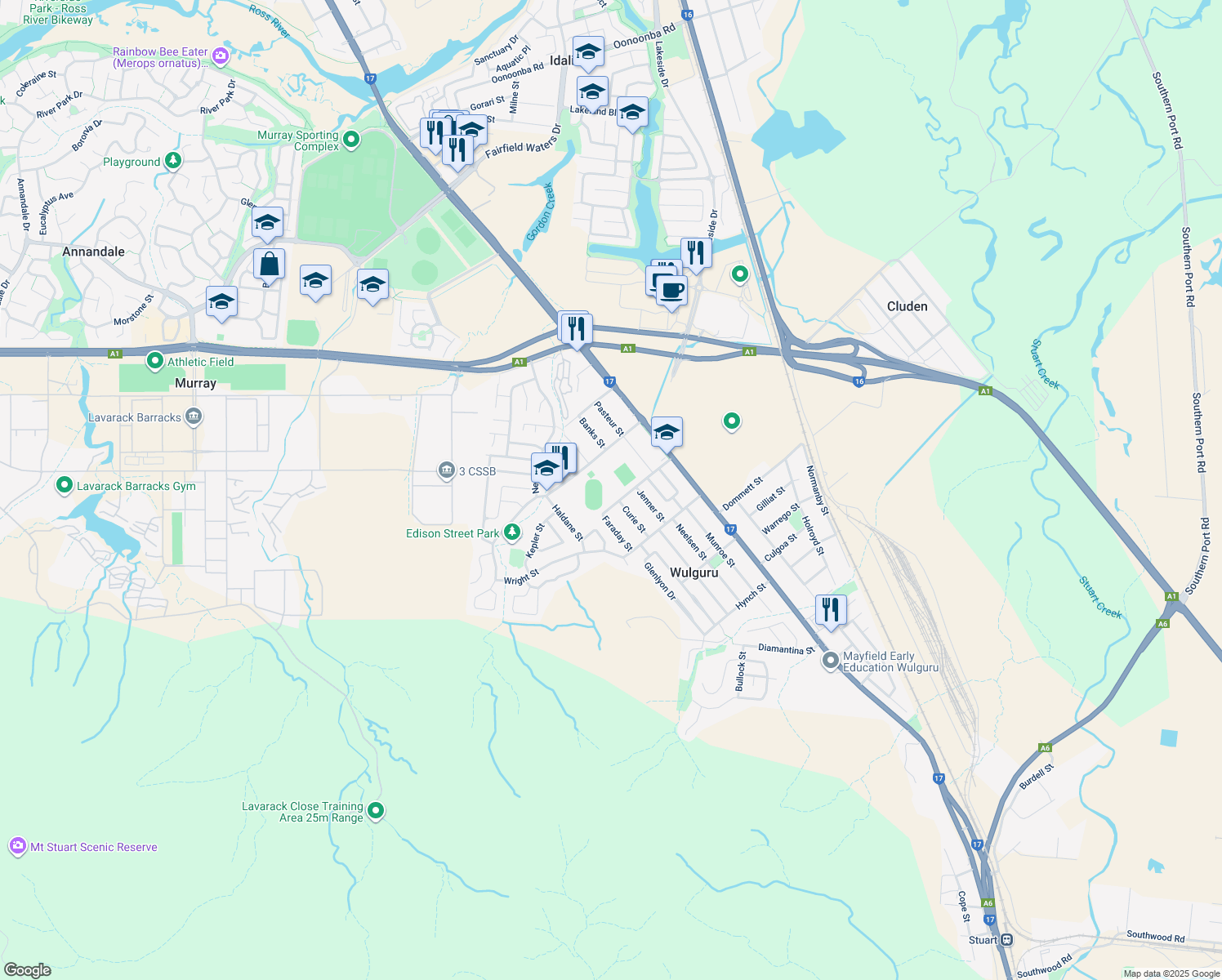 map of restaurants, bars, coffee shops, grocery stores, and more near 14 Edison Street in Wulguru