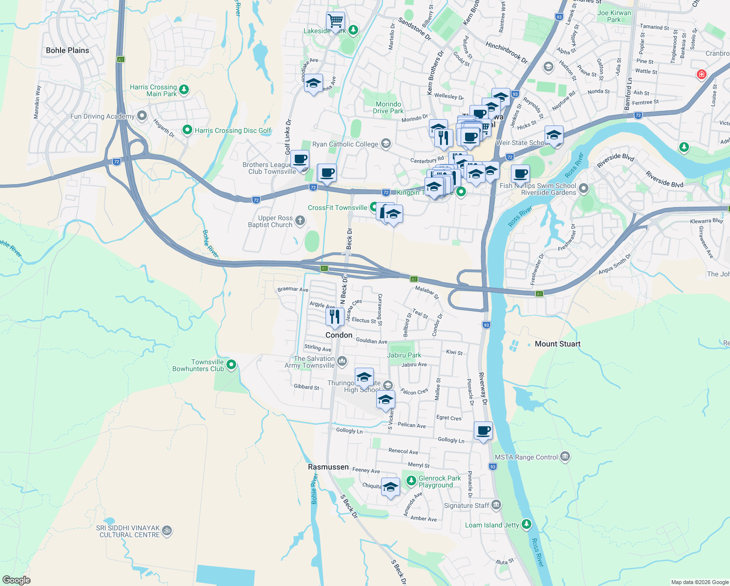 map of restaurants, bars, coffee shops, grocery stores, and more near 55 Currawong Street in Condon