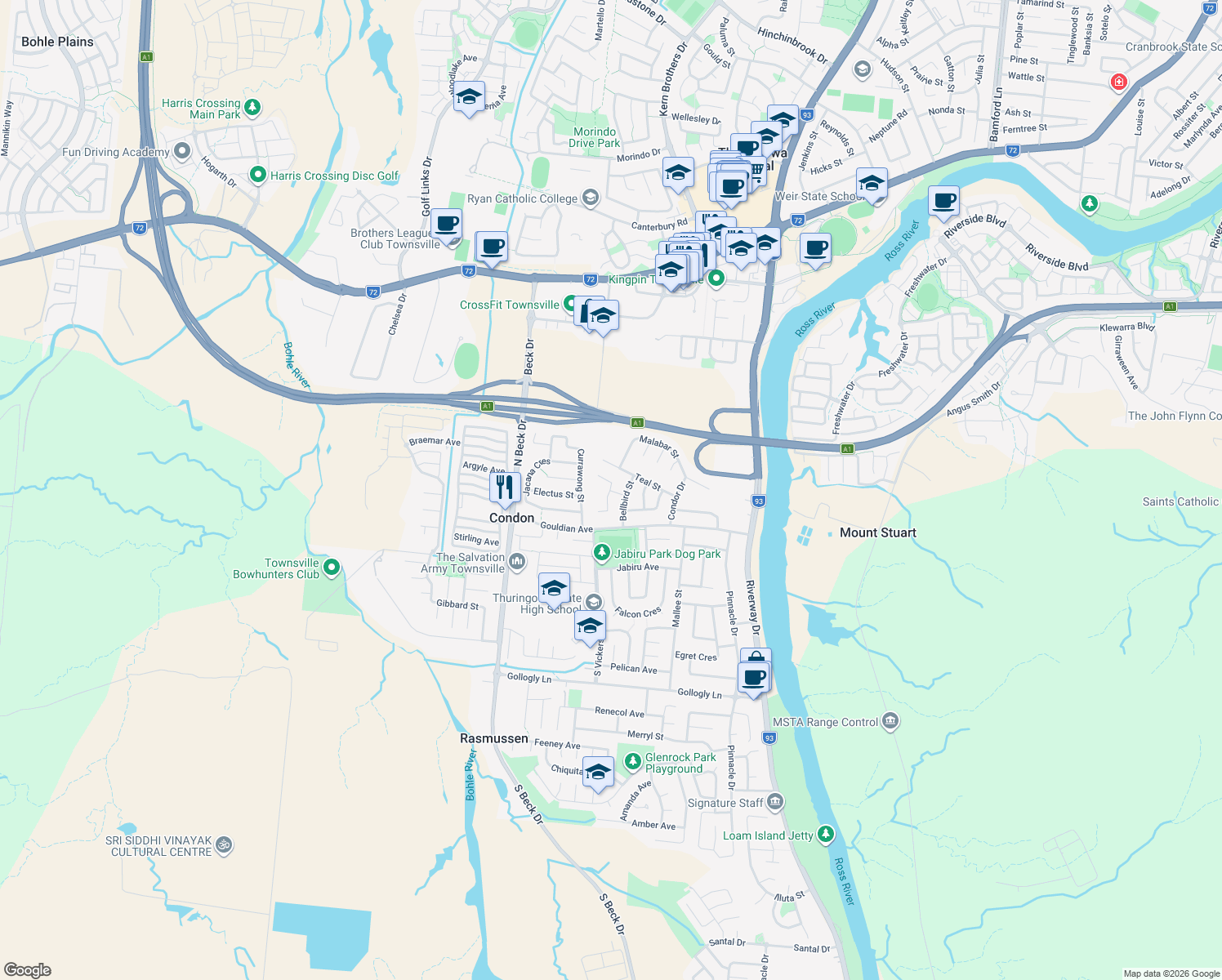 map of restaurants, bars, coffee shops, grocery stores, and more near 50 Toucan Crescent in Condon