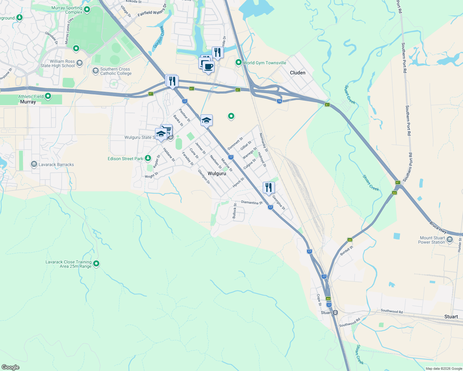 map of restaurants, bars, coffee shops, grocery stores, and more near 19 Hynch Street in Wulguru
