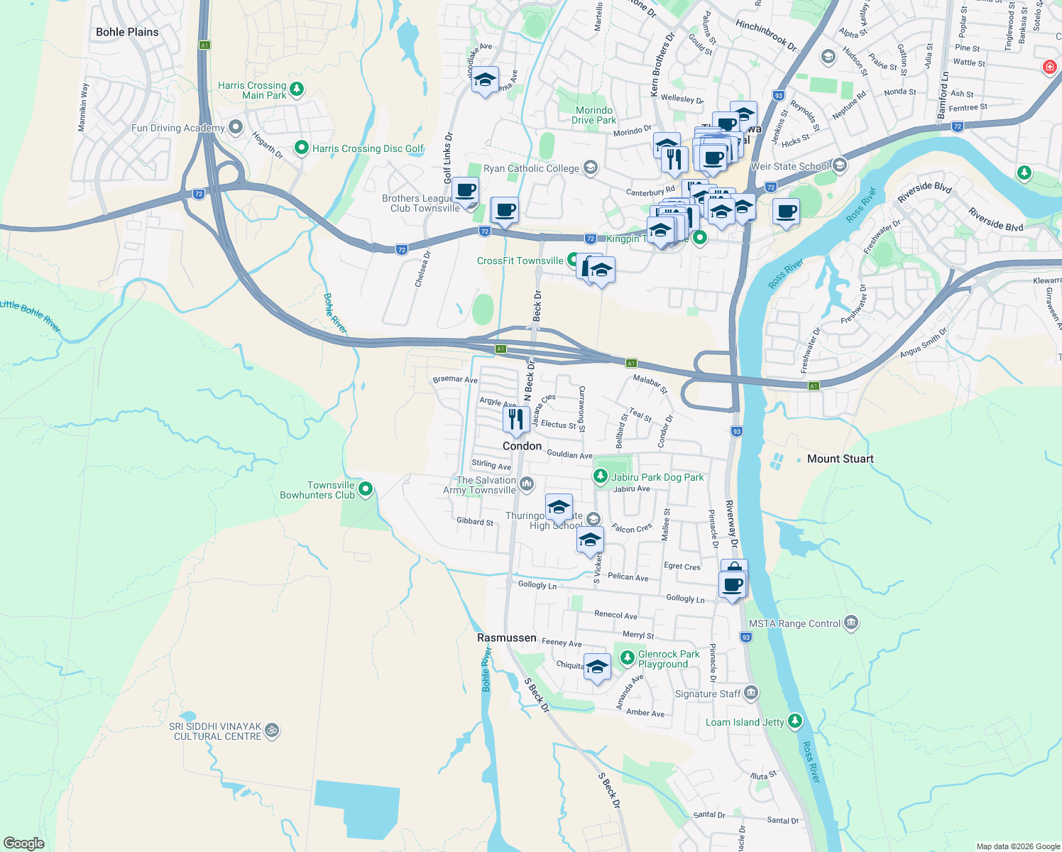 map of restaurants, bars, coffee shops, grocery stores, and more near 40 Jacana Crescent in Condon