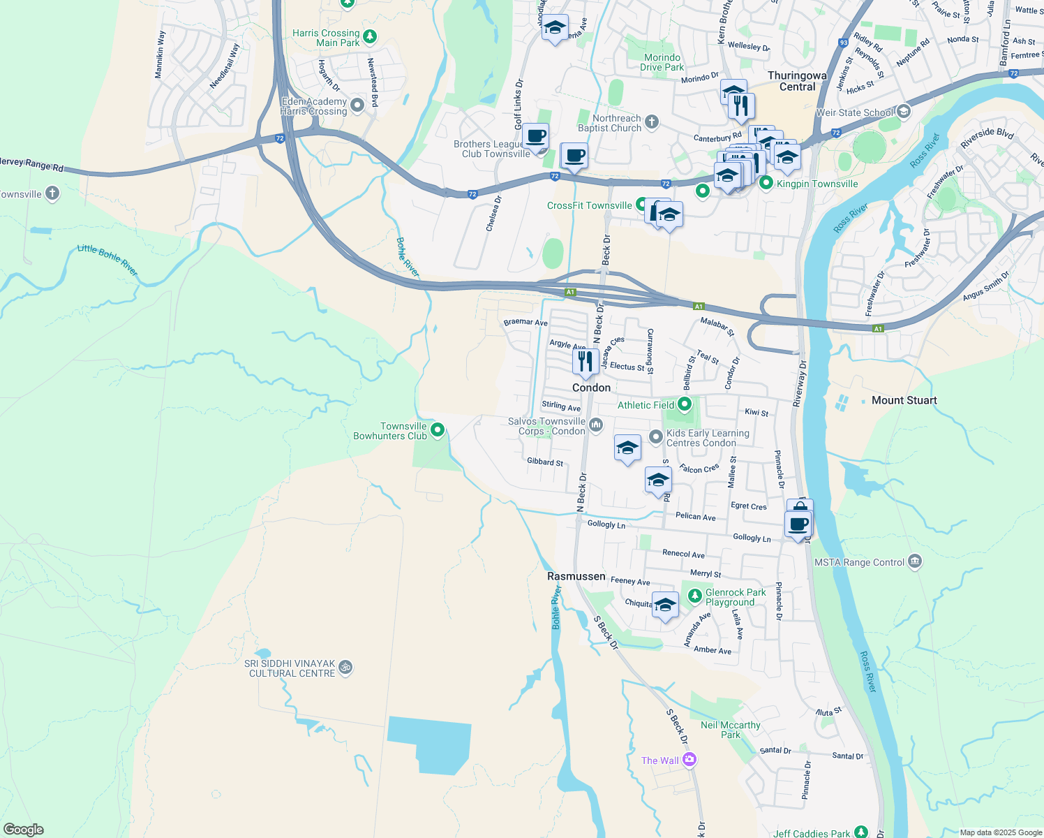 map of restaurants, bars, coffee shops, grocery stores, and more near Bowhunters Road in Condon