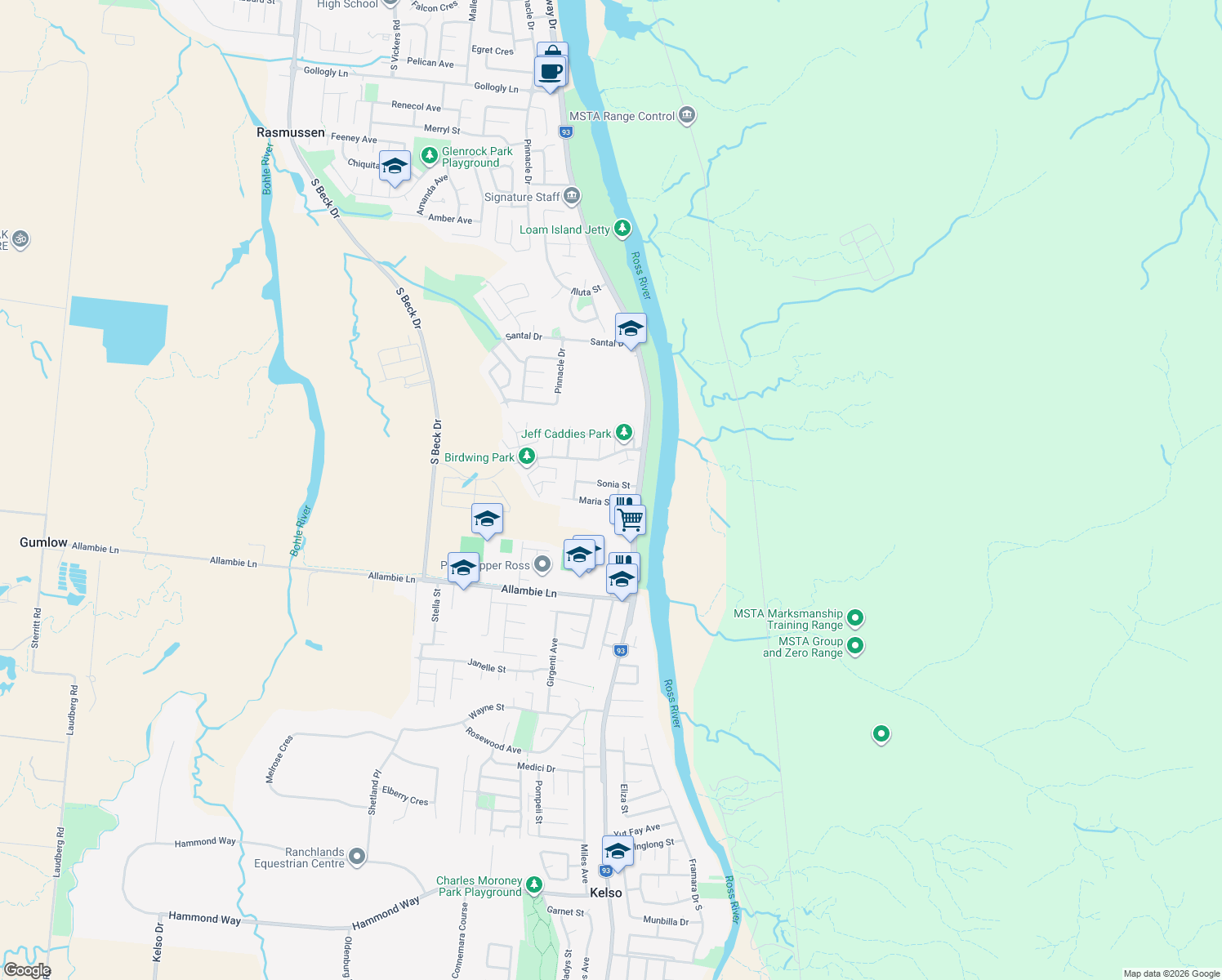 map of restaurants, bars, coffee shops, grocery stores, and more near 9 Sonia Street in Rasmussen