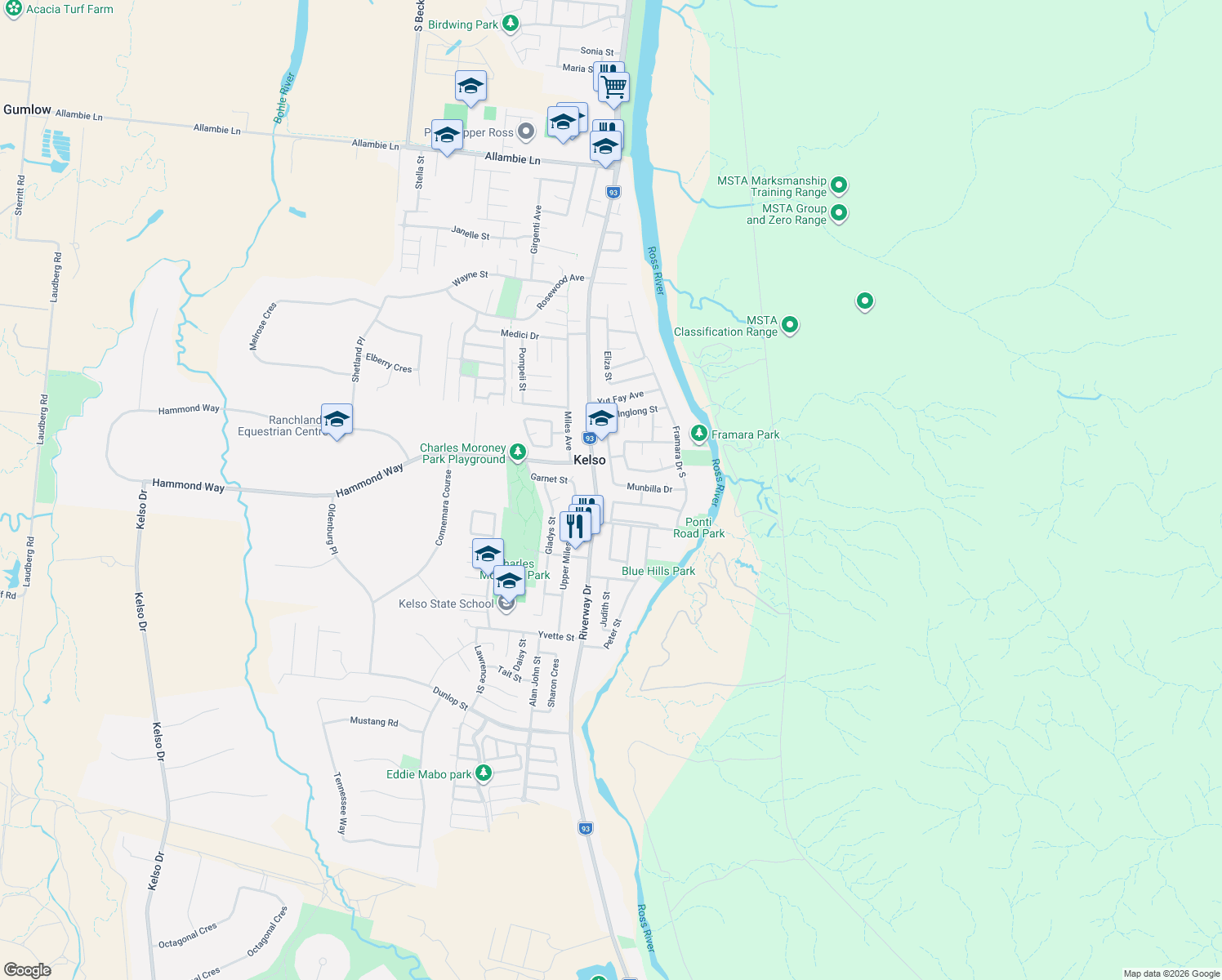 map of restaurants, bars, coffee shops, grocery stores, and more near 37 Munbilla Drive in Kelso