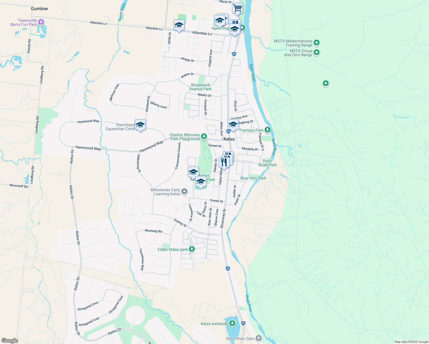 map of restaurants, bars, coffee shops, grocery stores, and more near Gladys Street in Kelso