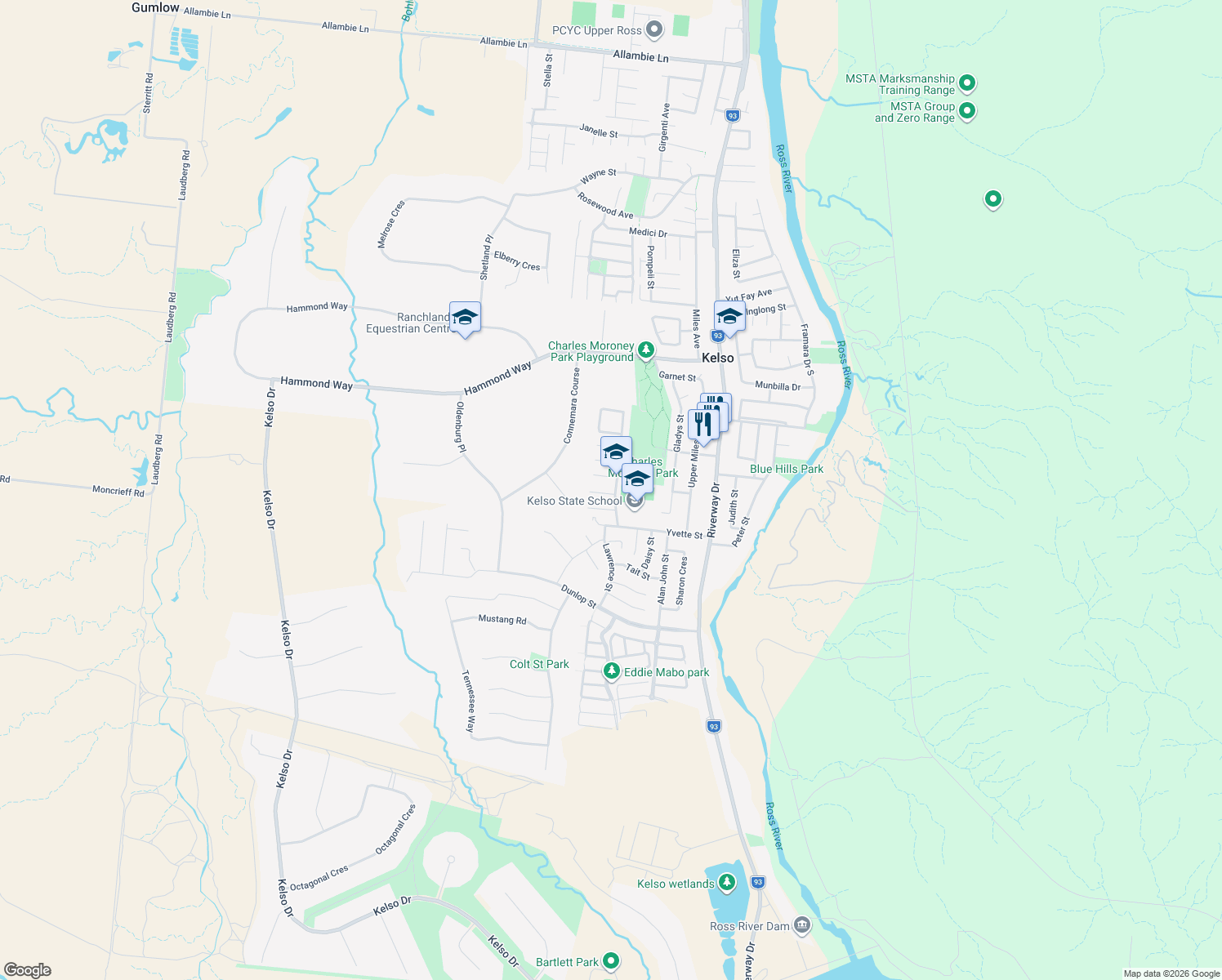 map of restaurants, bars, coffee shops, grocery stores, and more near 15 Duncan Court in Kelso