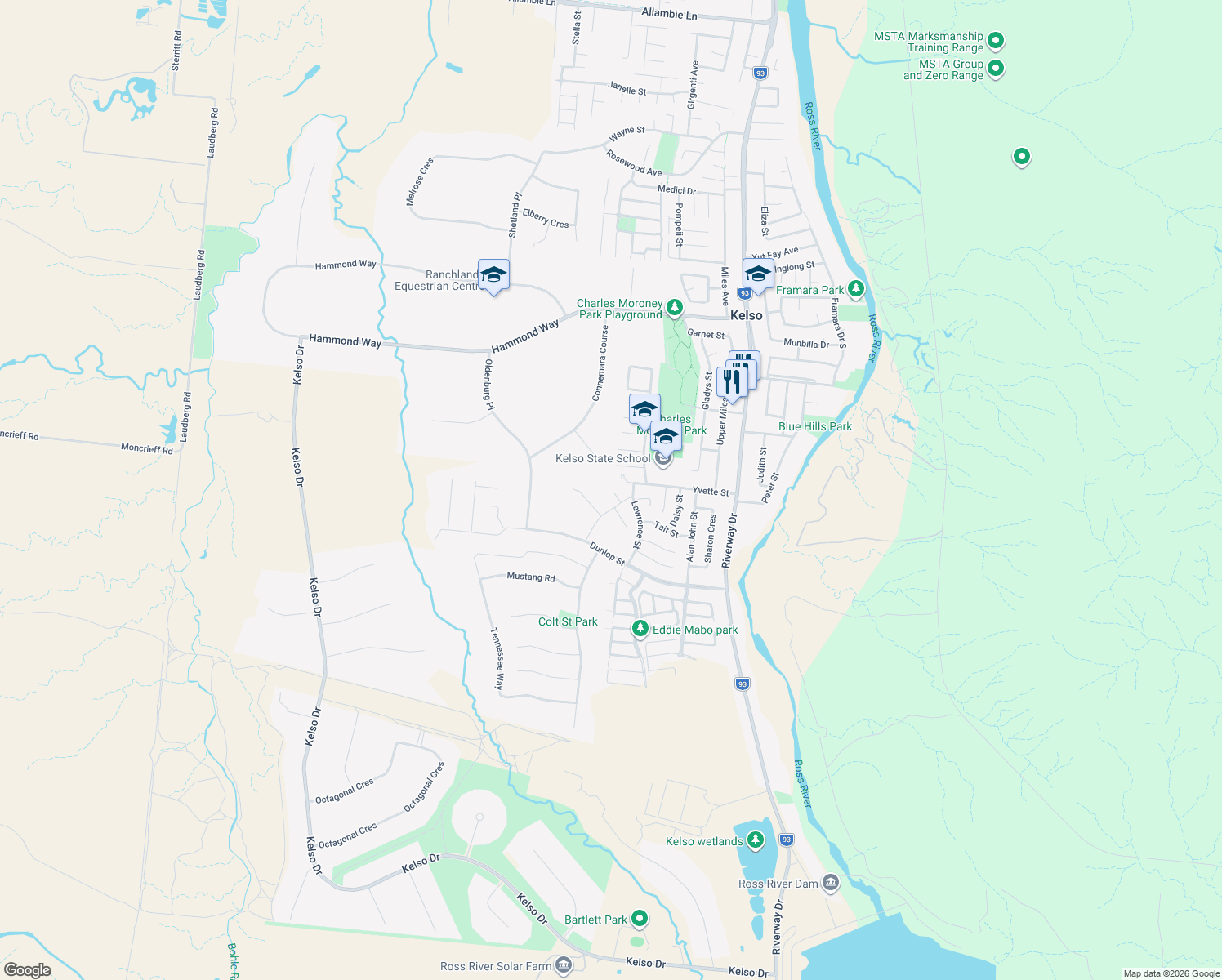 map of restaurants, bars, coffee shops, grocery stores, and more near 3 Amos Court in Kelso
