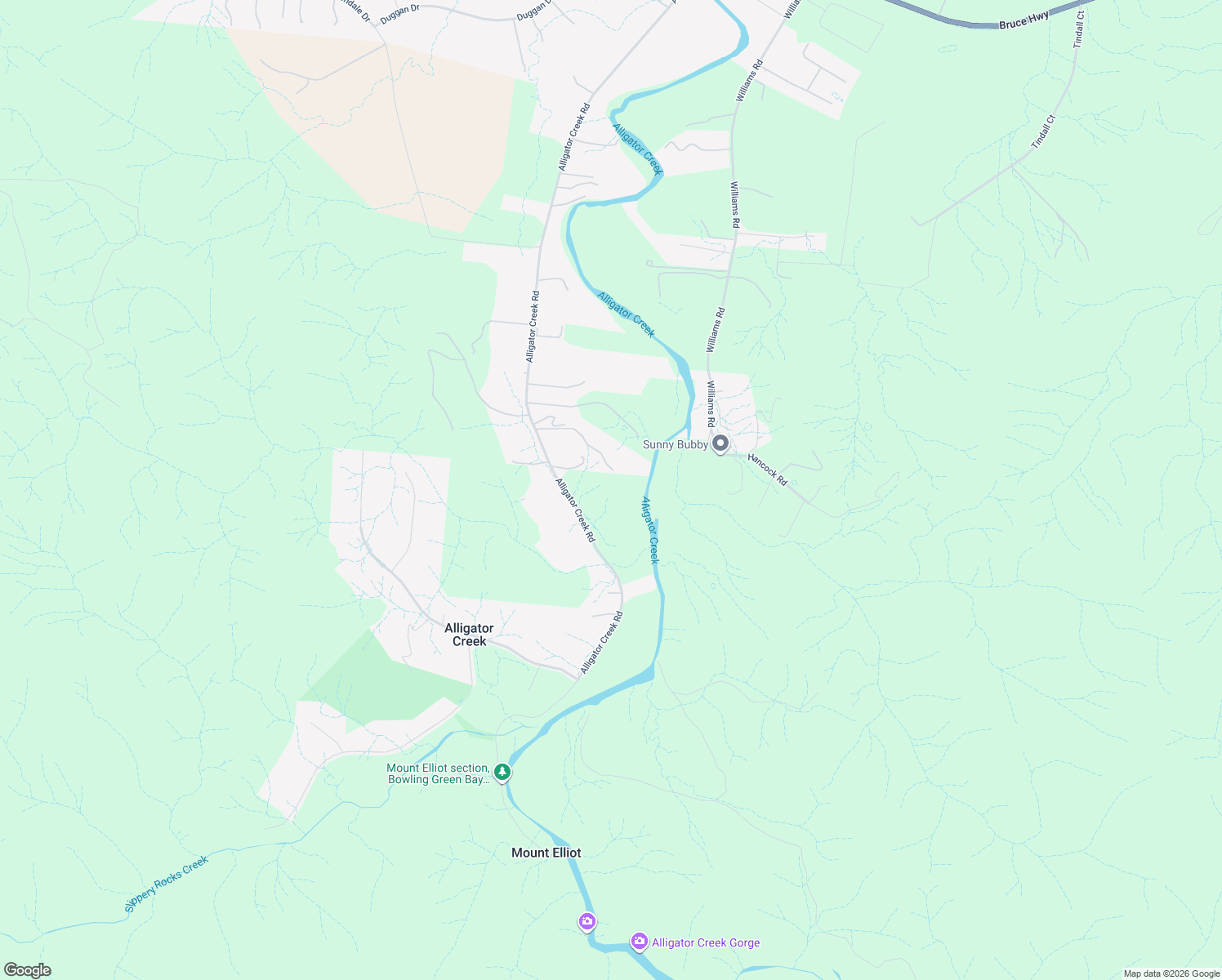 map of restaurants, bars, coffee shops, grocery stores, and more near 65 Alligator Creek Road in Alligator Creek